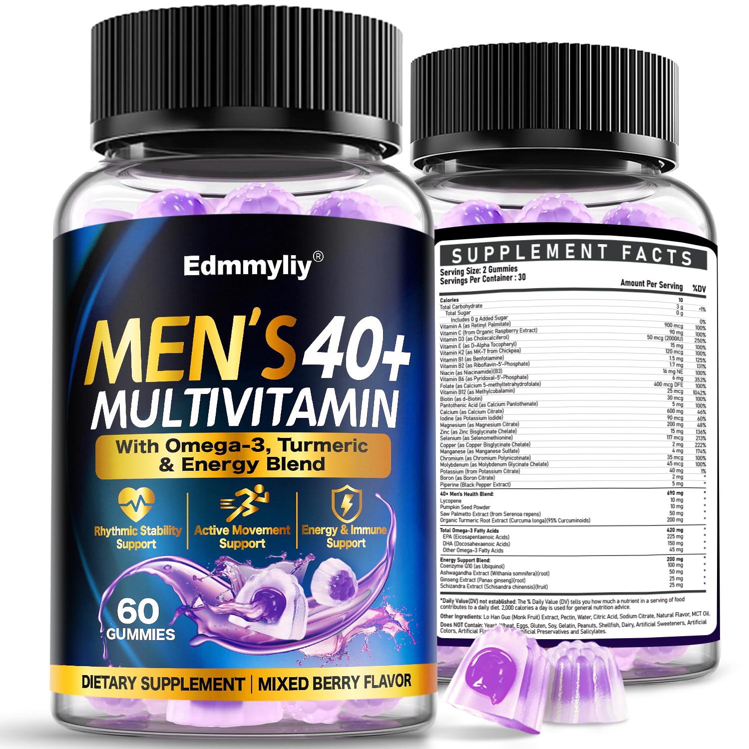 Edmmyliy bottle of multivitamin gummies for men 40+ supports daily energy.