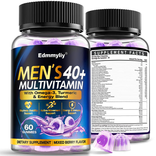 Edmmyliy bottle of multivitamin gummies for men 40+ supports daily energy.