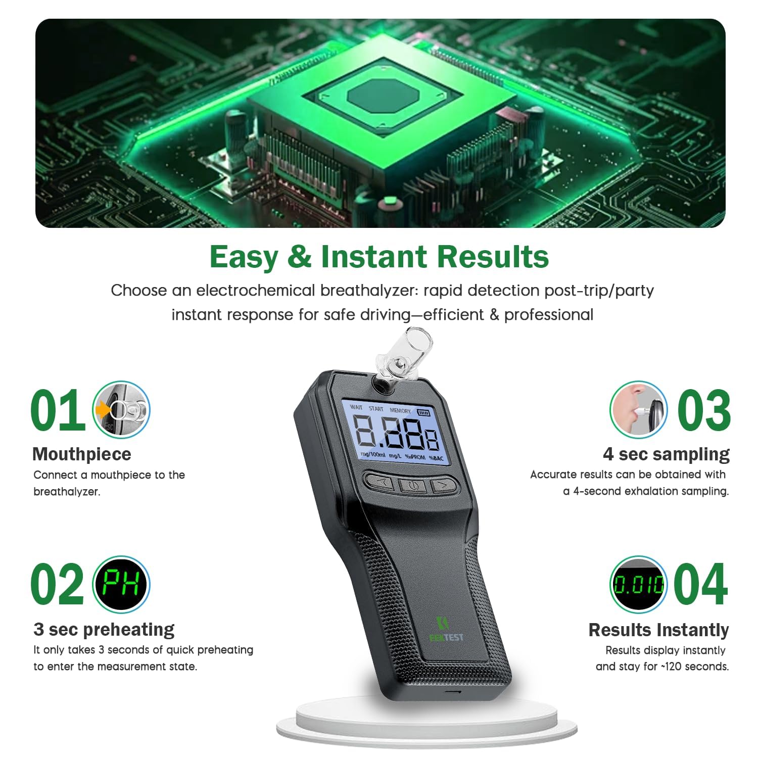 EEKTEST Breathalyzer audio alarm signals risk levels clearly