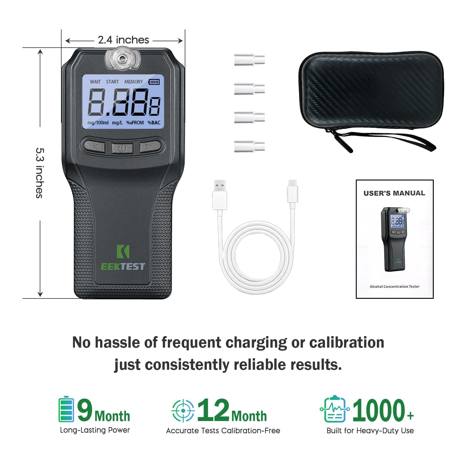 EEKTEST Breathalyzer USB charging emphasizes convenient power on longer trips