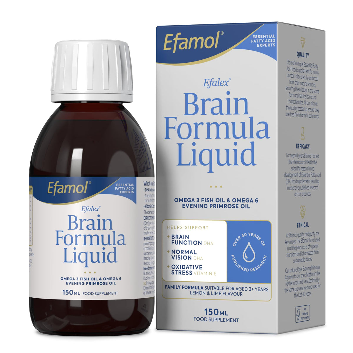 Efamol Efalex Brain Formula liquid bottle with lemon-lime flavour for daily support