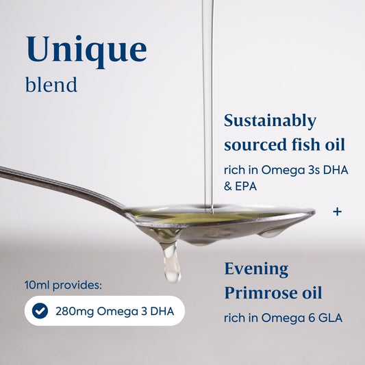 Efamol Efalex liquid being poured for easy dosing