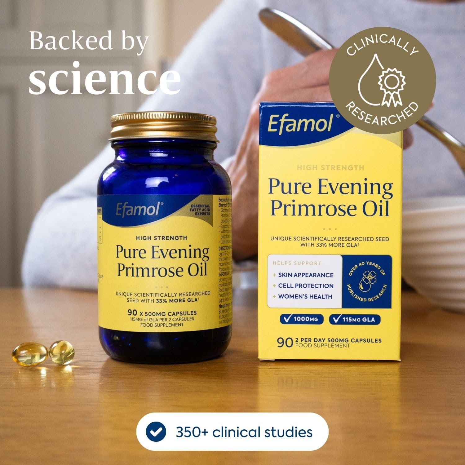 Efamol evening primrose oil softgel capsules ready for routine.