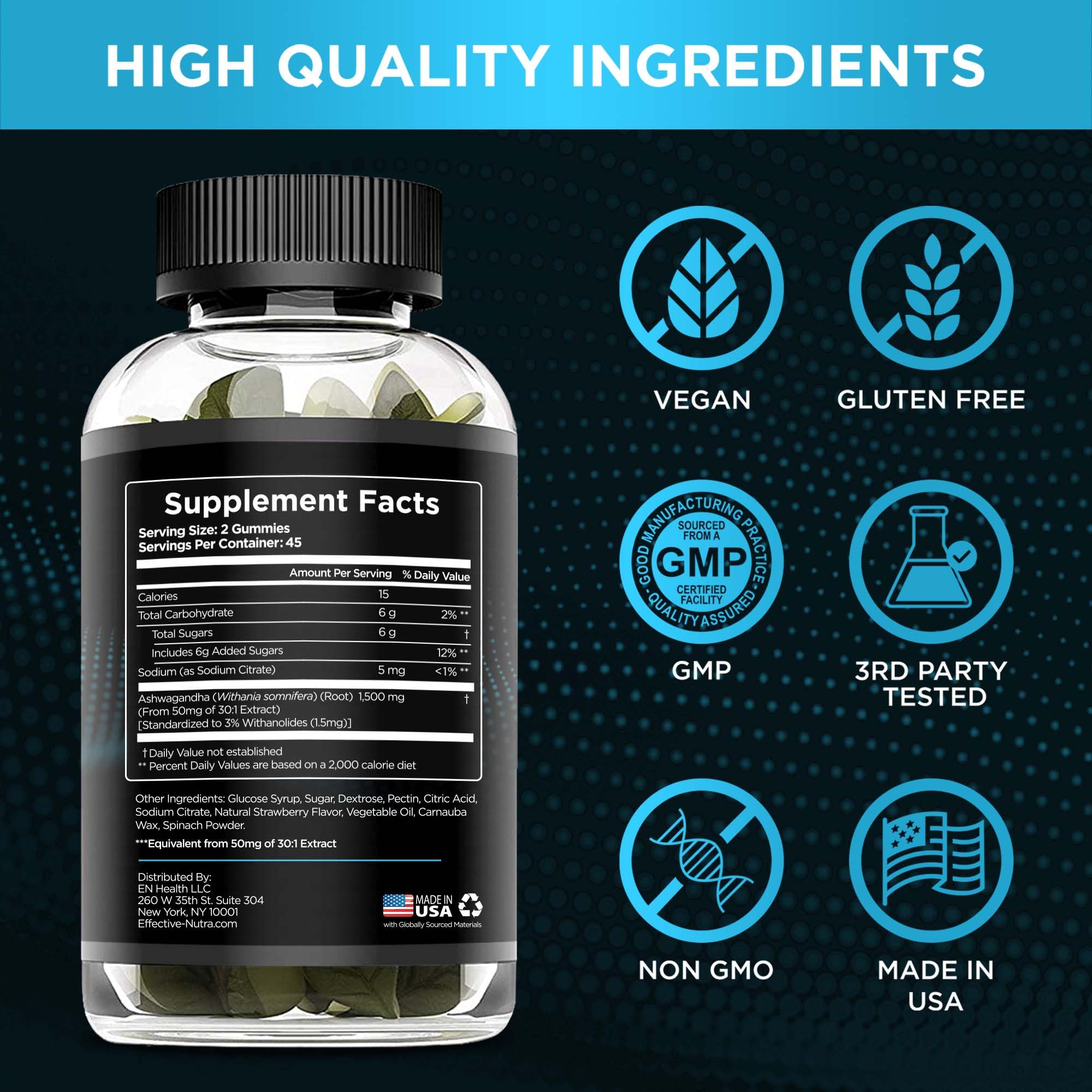 Vegan gluten-free seal on Effective Nutra Ashwagandha gummies packaging