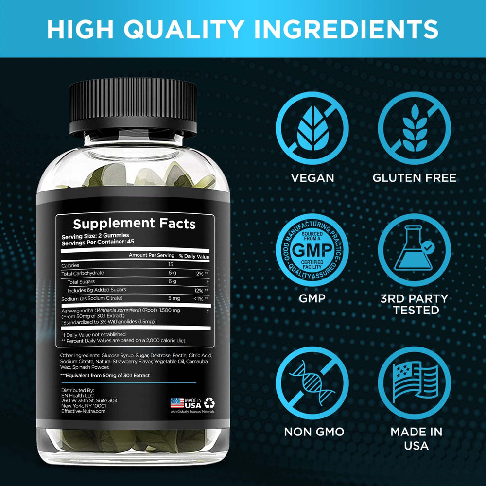 Vegan gluten-free seal on Effective Nutra Ashwagandha gummies packaging