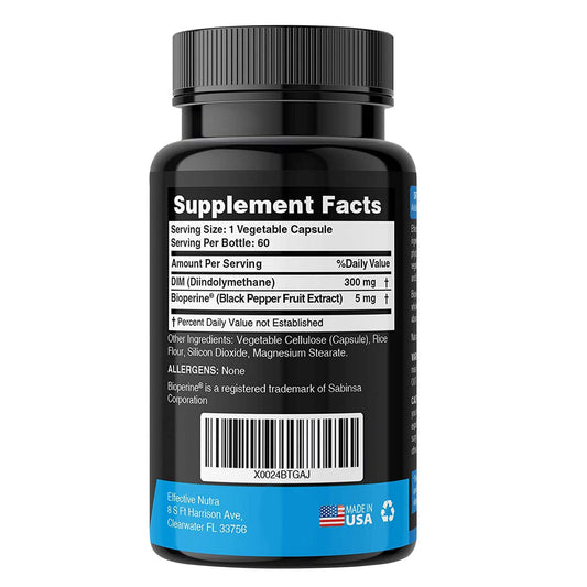 Effective Nutra DIM bottle back showing supplement facts and third-party tested quality.