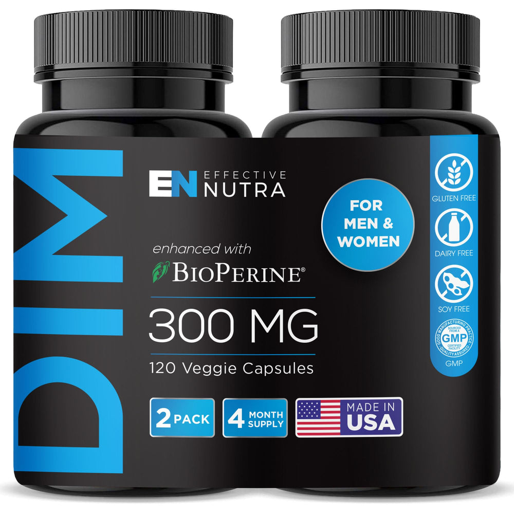 Effective Nutra DIM bottle front highlighting 300mg potency for hormone balance support.