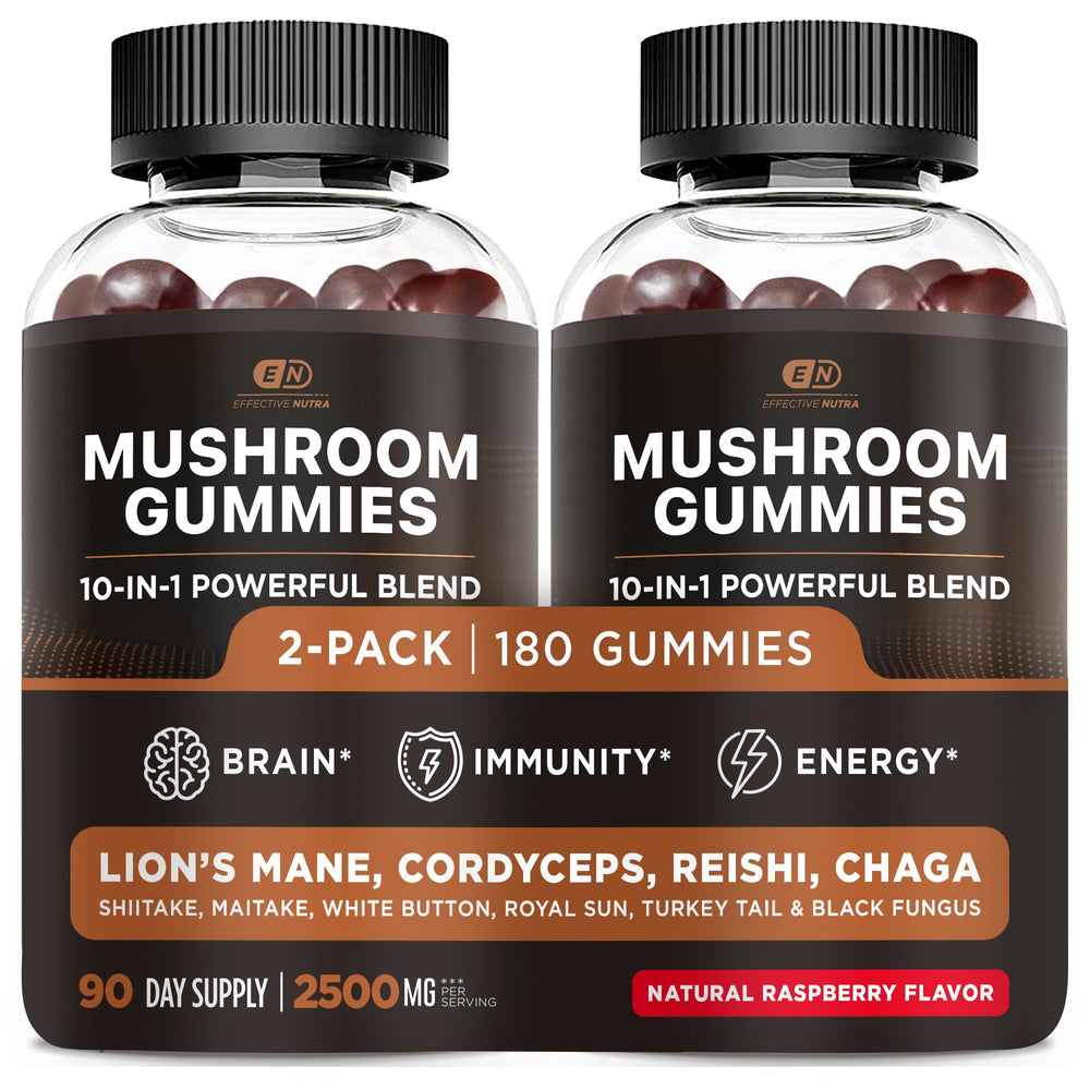 Effective Nutra Mushroom Gummies bottle front showing raspberry flavor for daily focus.
