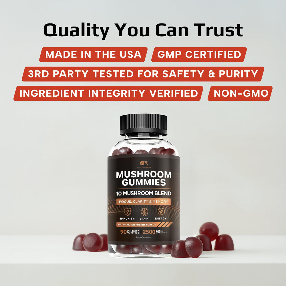 Effective Nutra Mushroom Gummies ingredients chart illustrating the 10-mushroom blend.