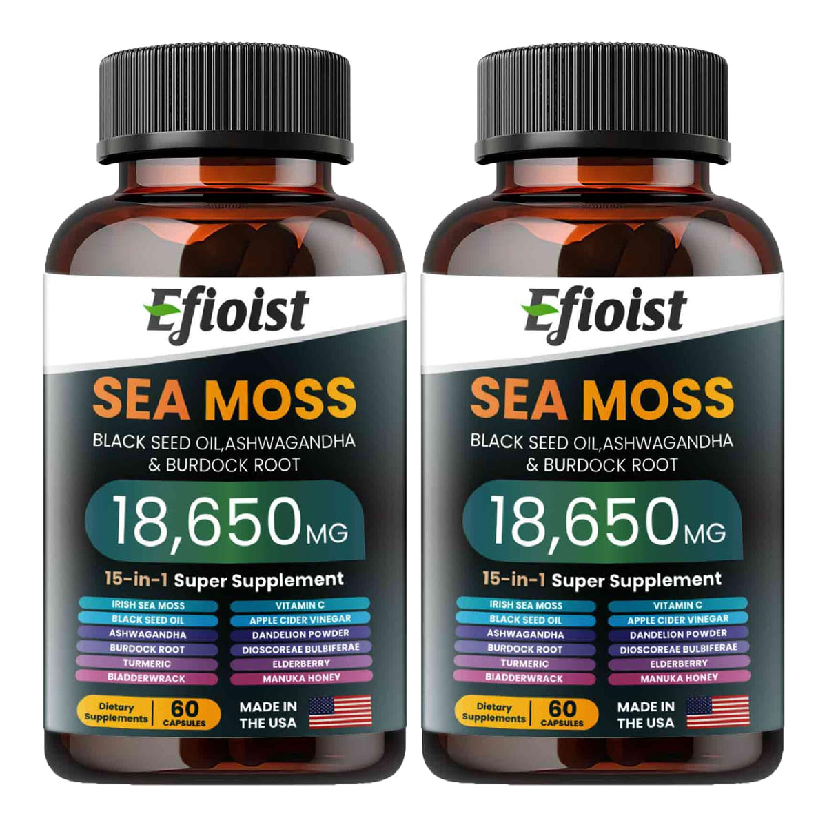 Efioist Sea Moss 6000mg bottle highlighting potent mineral blend for daily energy