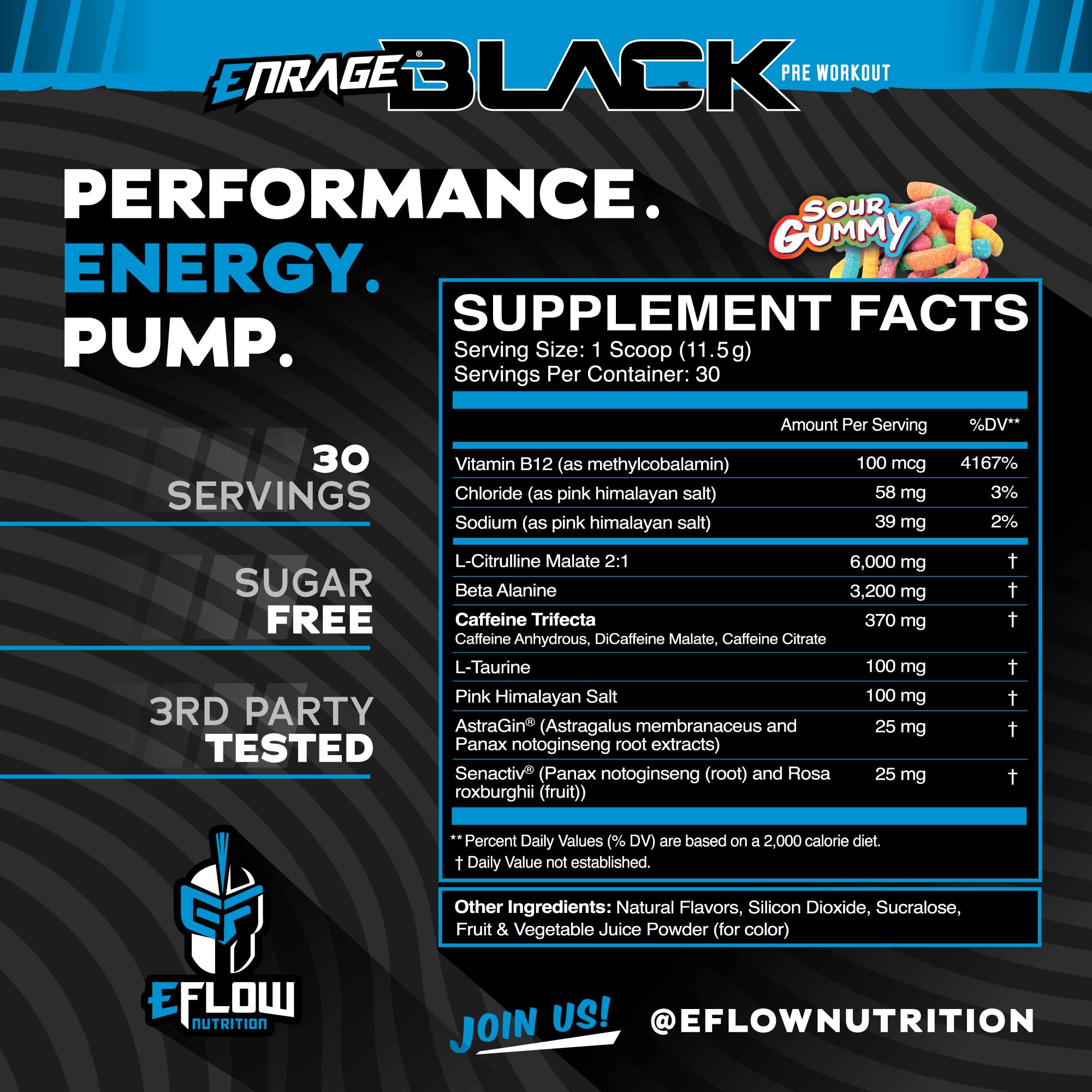 eFlow Nutrition Enrage Black label close-up shows high-stim blend