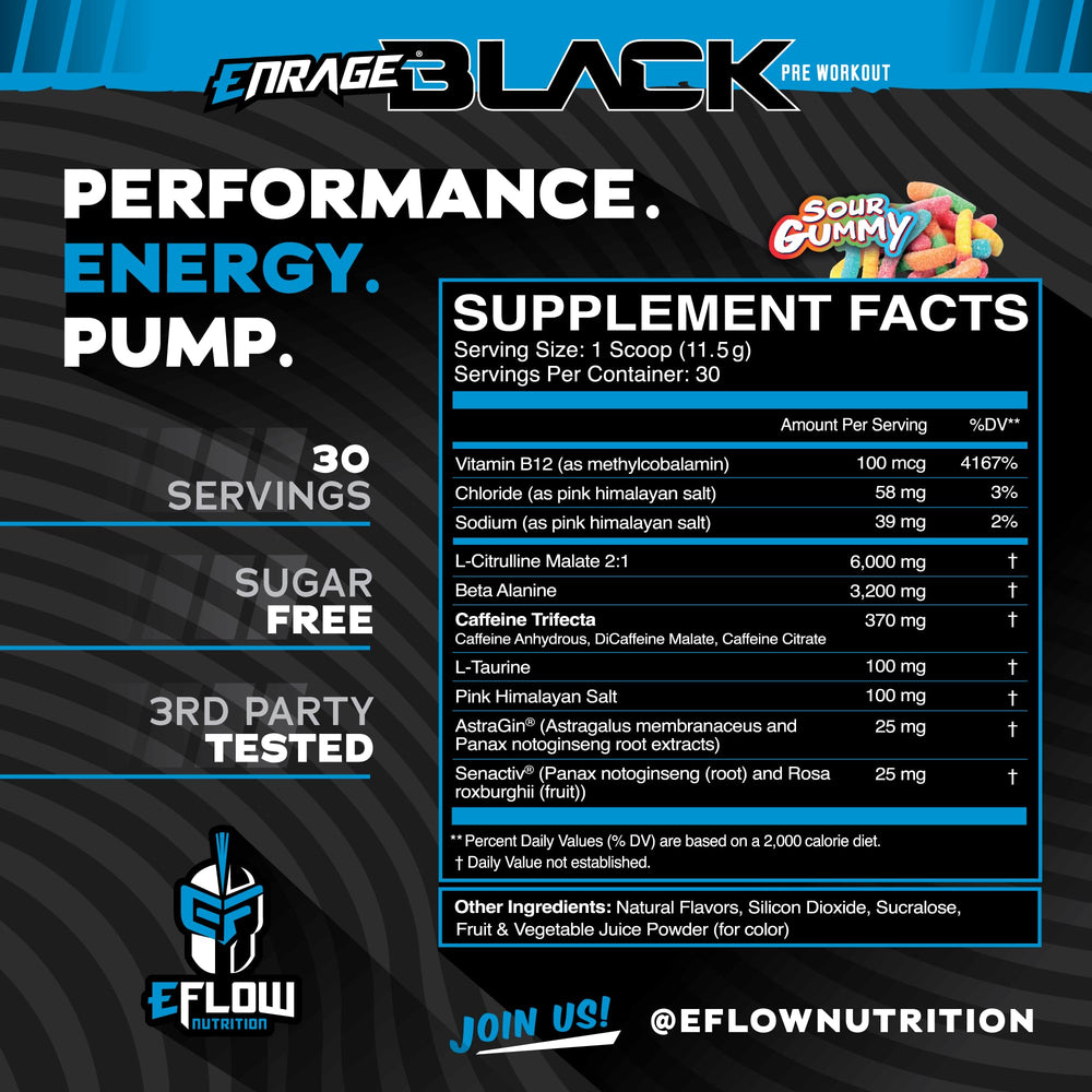 eFlow Nutrition Enrage Black label close-up shows high-stim blend