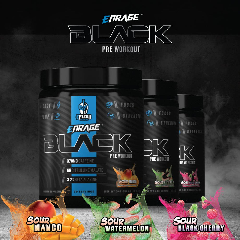 eflow Nutrition Enrage Black packaging box displaying flavor and usage guidance.