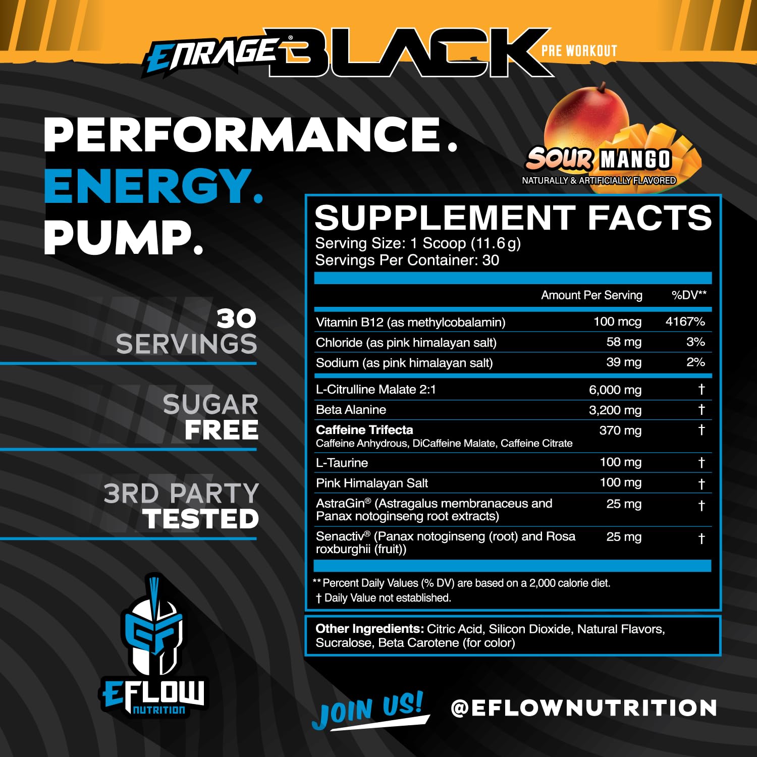 eflow Nutrition Enrage Black tub back showing nutrition panel and serving details for informed use.