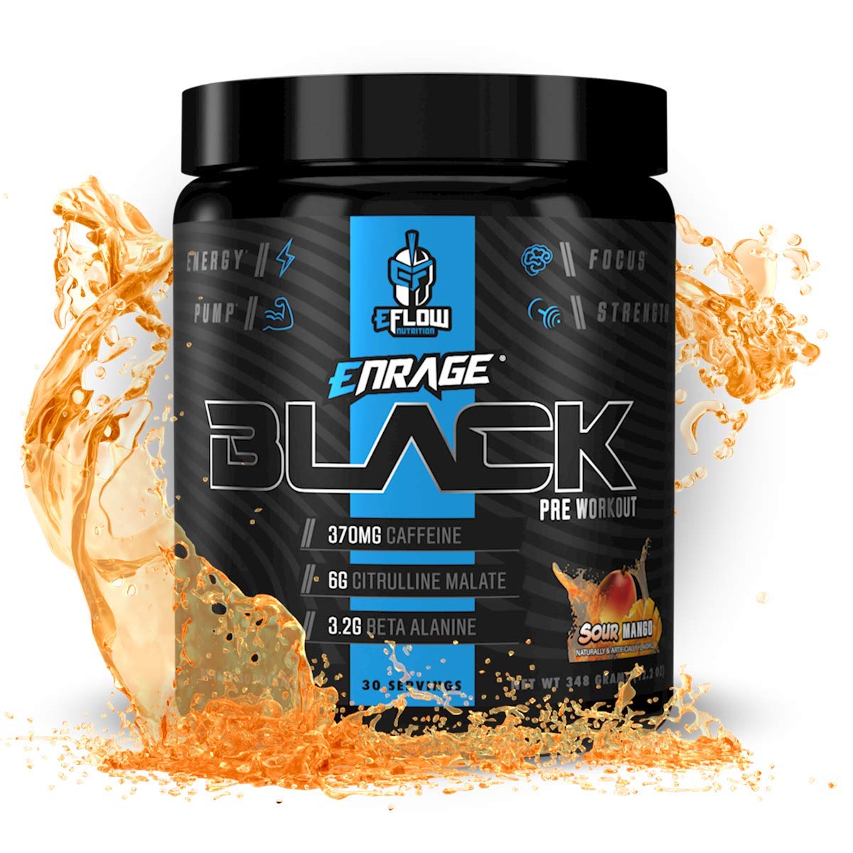 eflow Nutrition Enrage Black tub front highlighting bold pre-workout energy and focus.