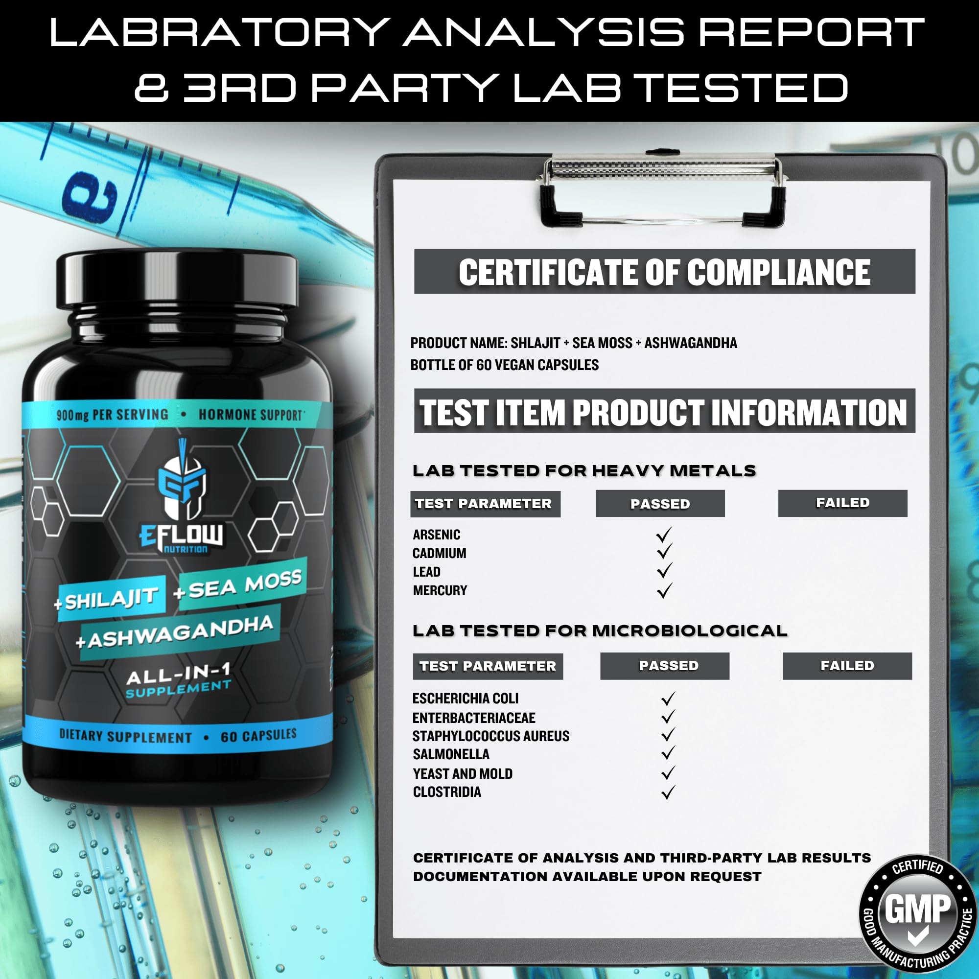 eFlow Nutrition lab-tested purity certificate signifies quality assurance.