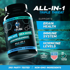eFlow Nutrition Shilajit packaging emphasizes all-in-one wellness benefits.