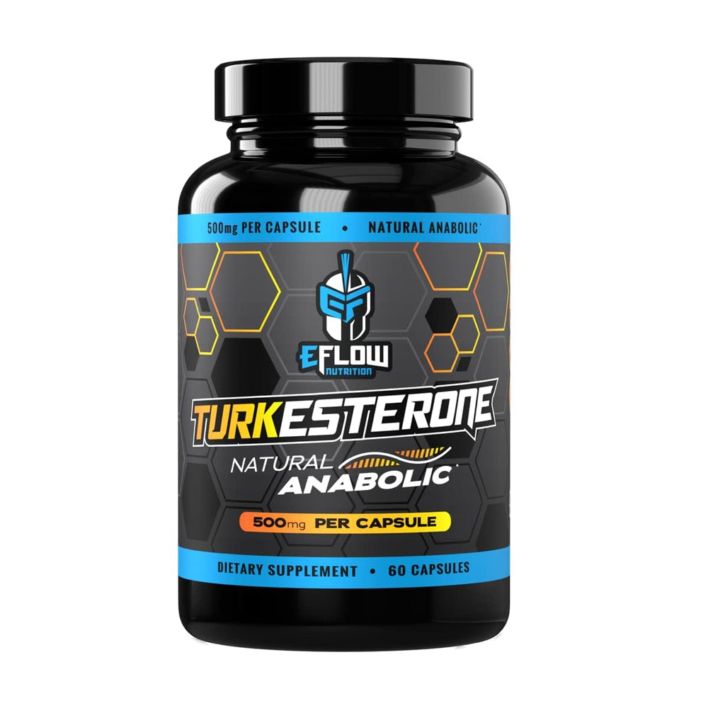 eflow nutrition turkesterone bottle highlights high-purity capsules for lean gains and recovery.