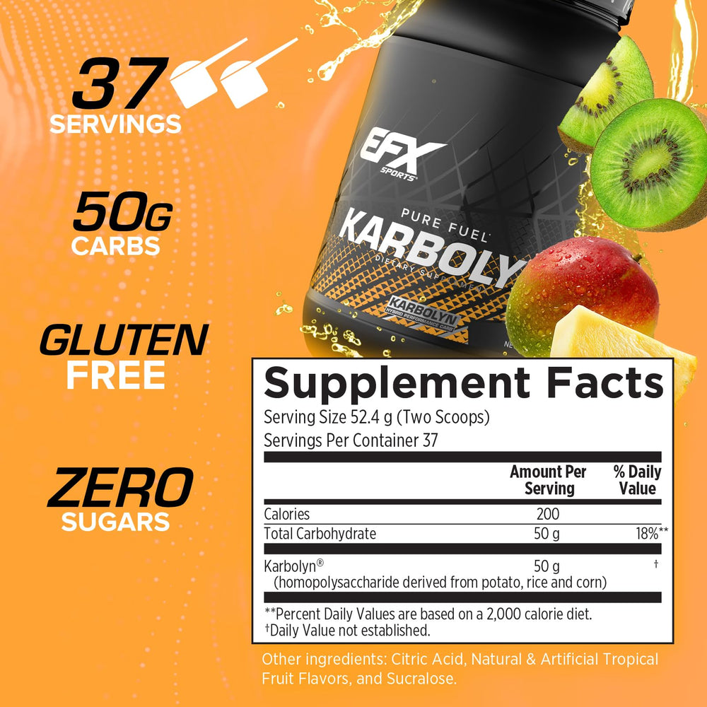 EFX Karbolyn Fuel scoop beside a glass showing sustained energy during training