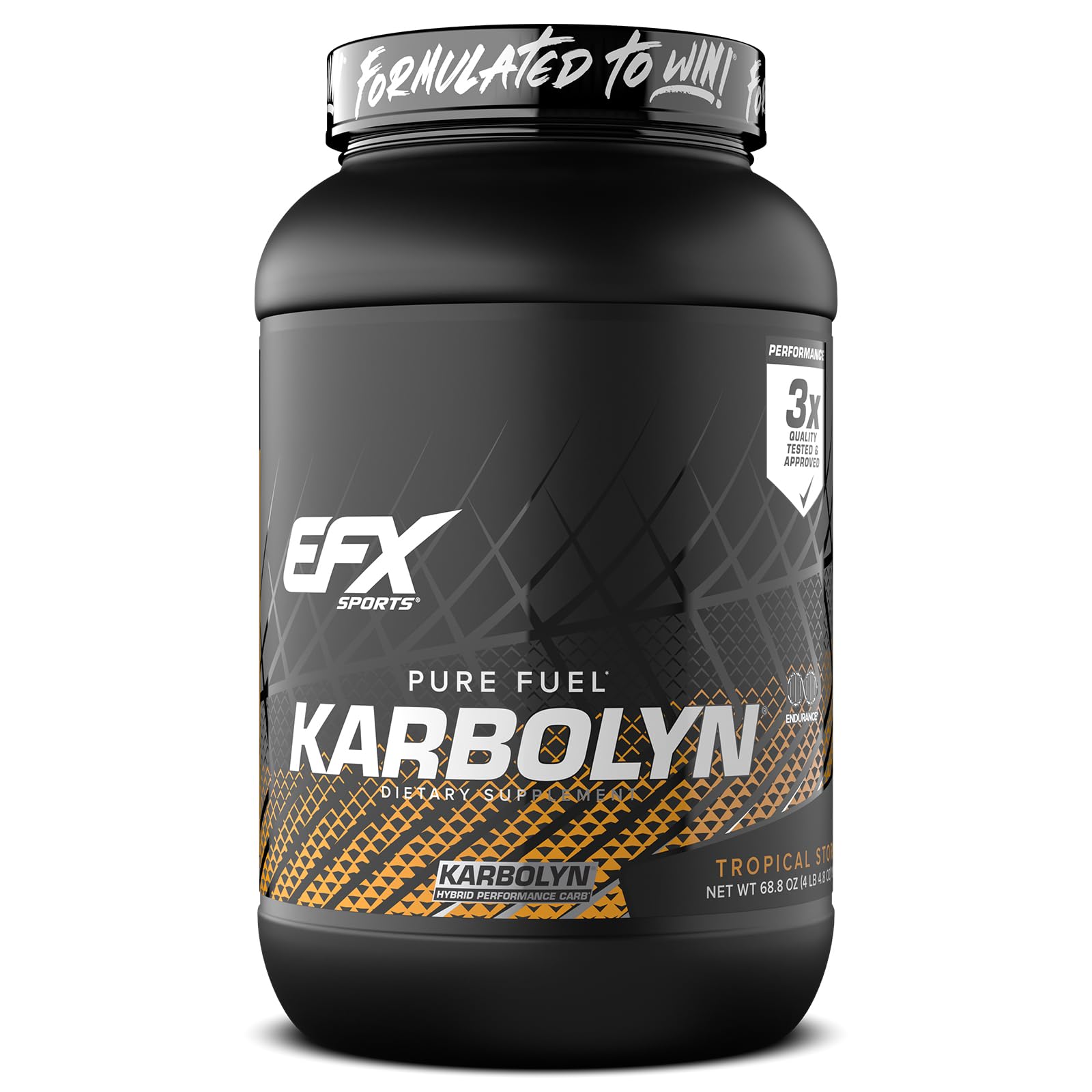 EFX Karbolyn Fuel tub label highlighting fast-absorbing carbohydrates for quick energy