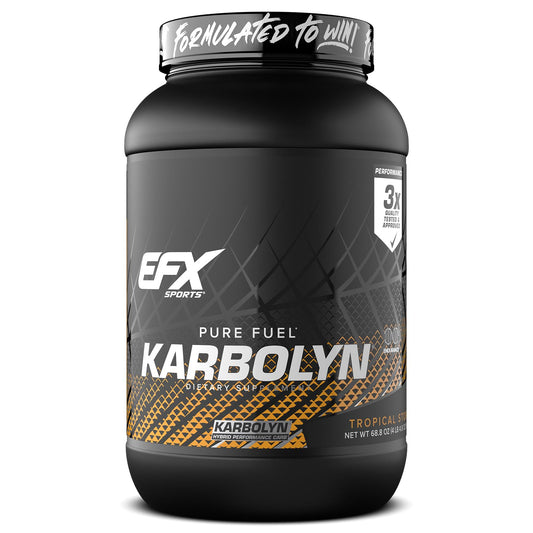 EFX Karbolyn Fuel tub label highlighting fast-absorbing carbohydrates for quick energy