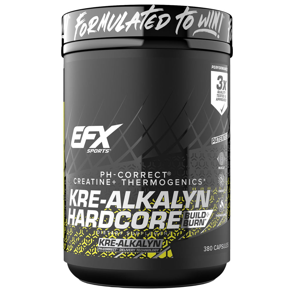 EFX Kre-Alkalyn Hardcore bottle being poured for convenient pre-workout dosing.