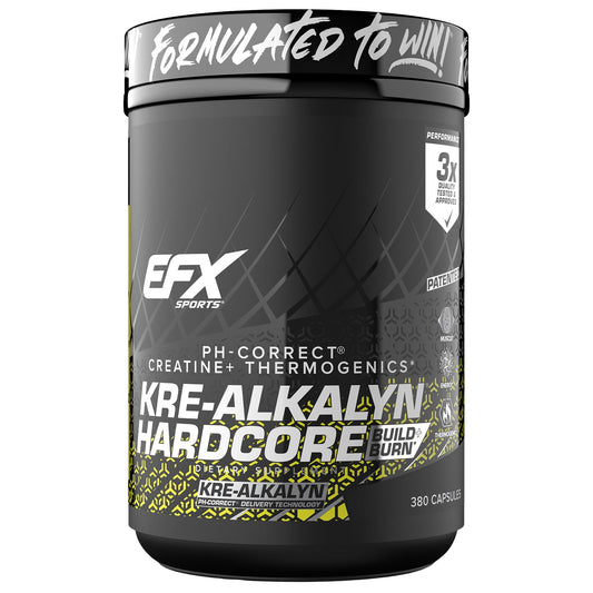 EFX Kre-Alkalyn Hardcore bottle being poured for convenient pre-workout dosing.