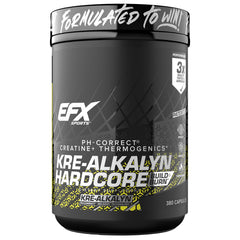 EFX Kre-Alkalyn Hardcore bottle being poured for convenient pre-workout dosing.