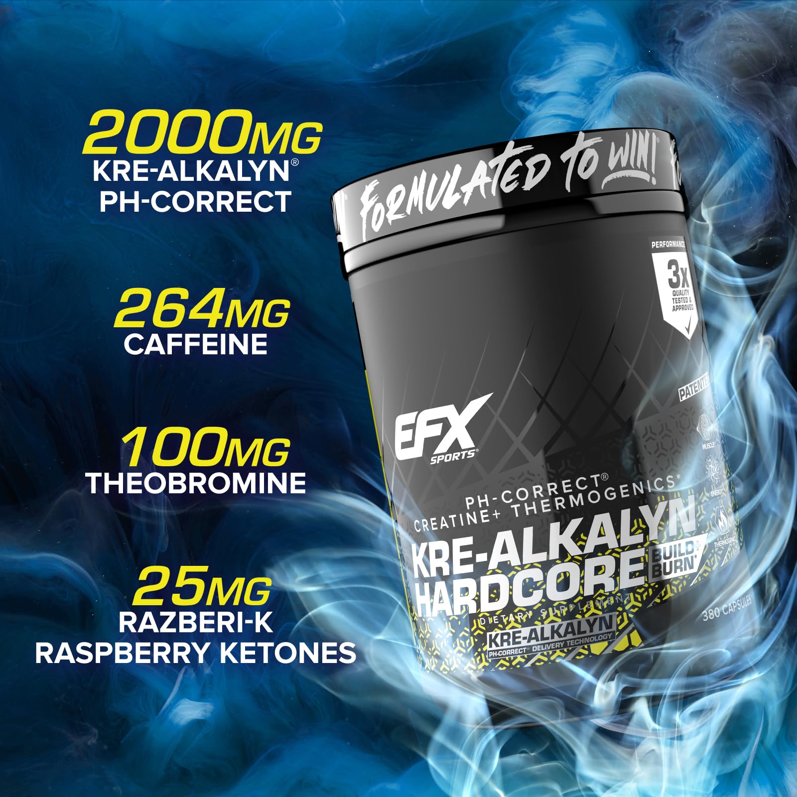 Caffeine and tea blends in EFX Kre-Alkalyn Hardcore pre-workout formula.