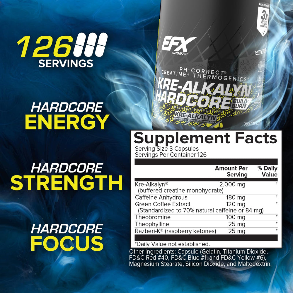 EFX Kre-Alkalyn Hardcore capsules on a clean surface for easy dosing.