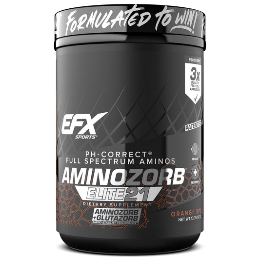 EFX Sports Aminozorb Elite 21 bottle with orange splash label signaling full spectrum amino support.