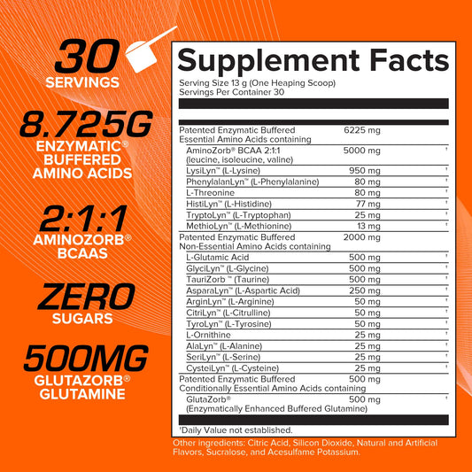Aminozorb Elite 21 label close-up showing essential amino acids and zero sugar.