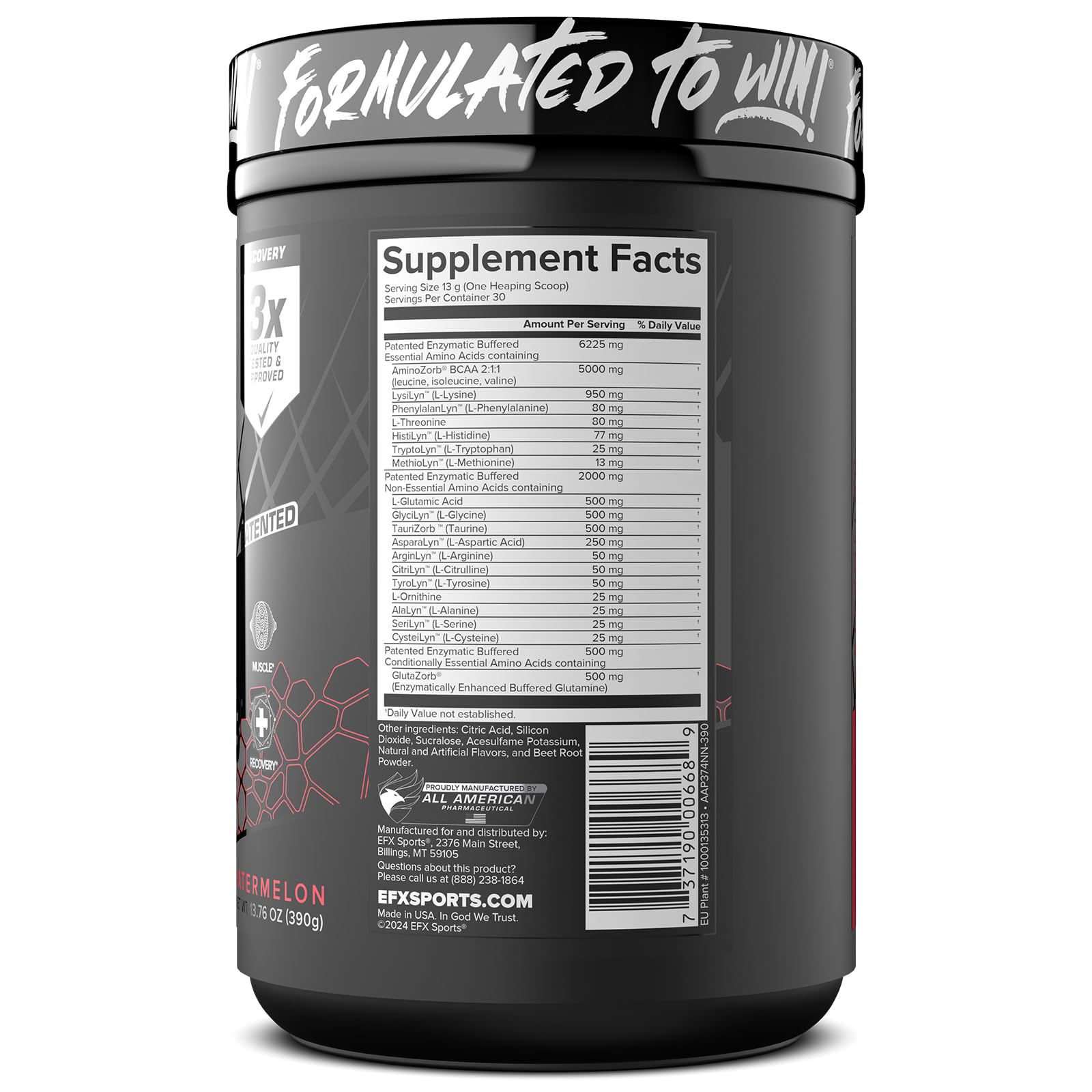 Scientific label emphasizing buffered amino acids and PH-Correct formulation.