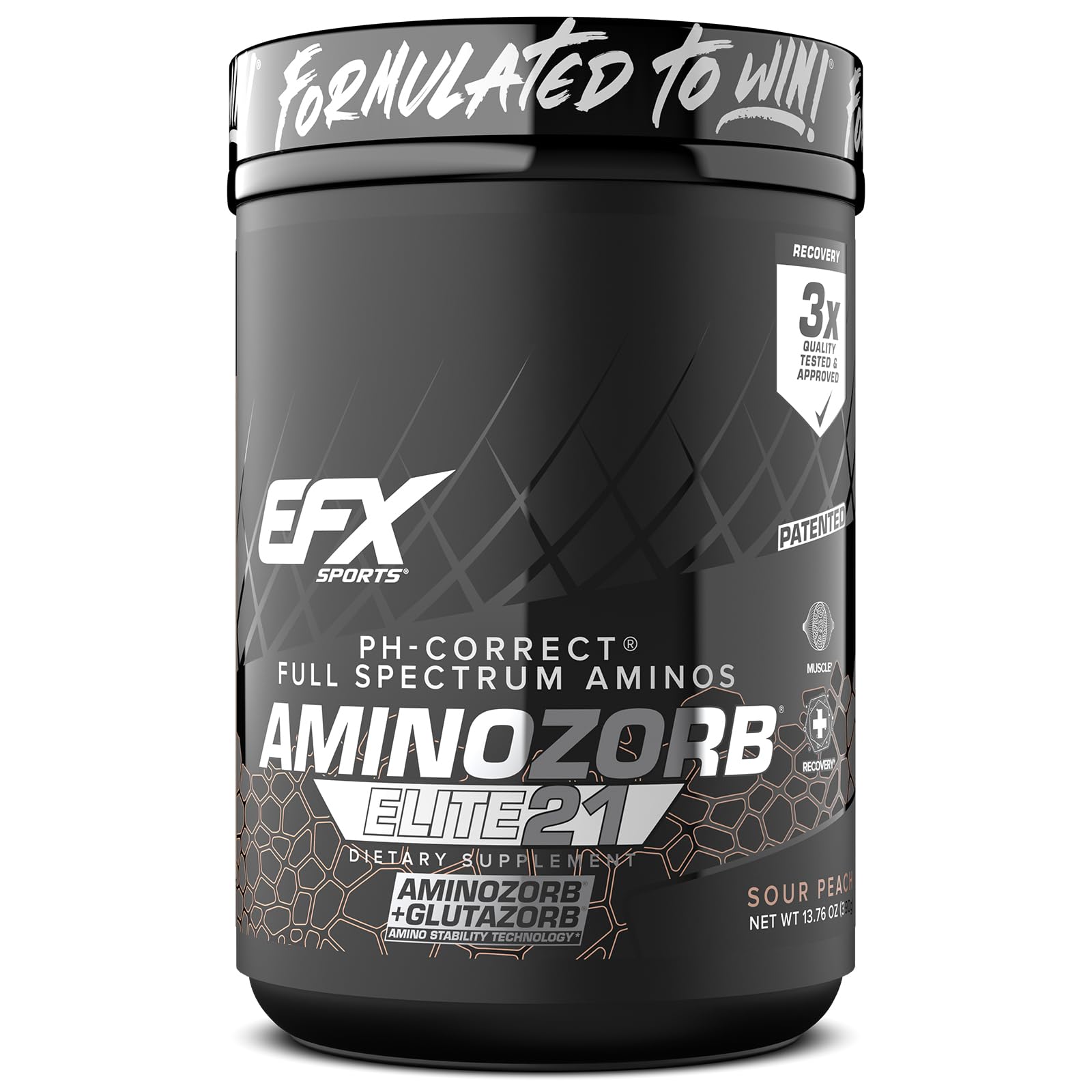 EFX Sports Aminozorb Elite 21 tub front showing full-spectrum amino formula and branding