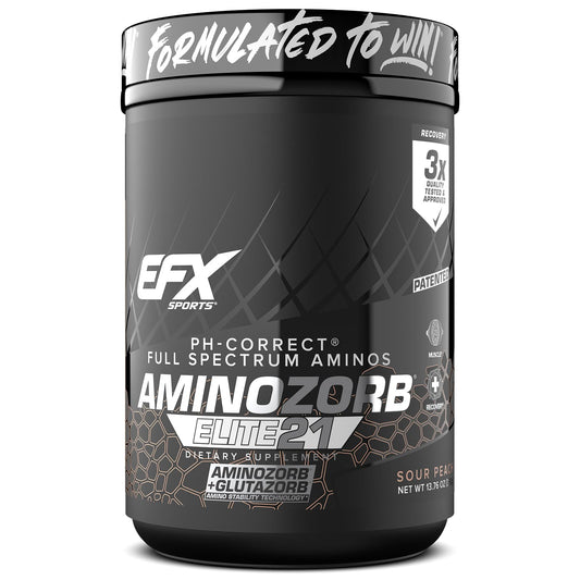 EFX Sports Aminozorb Elite 21 tub front showing full-spectrum amino formula and branding