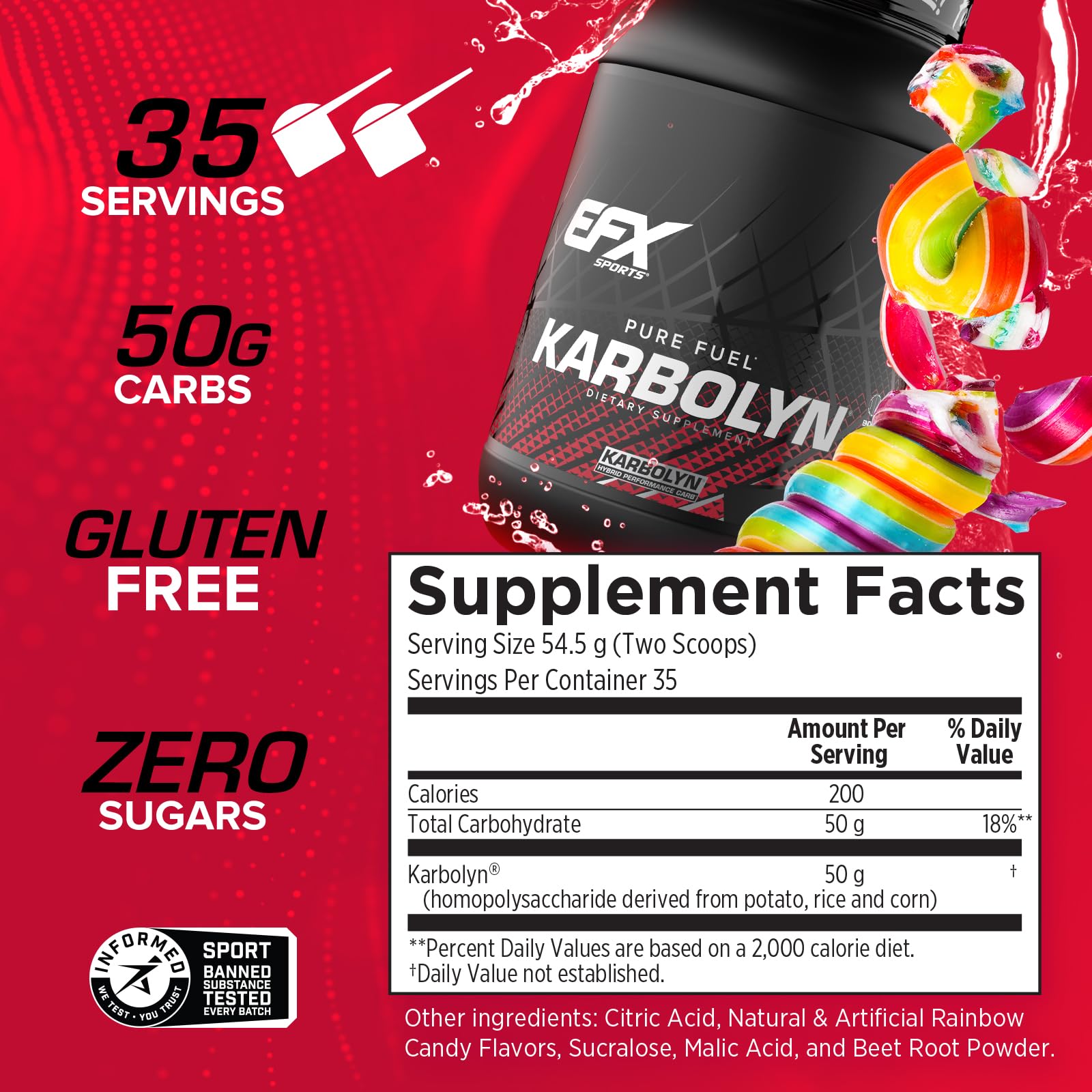 EFX Sports Karbolyn Fuel bottle-front highlighting stimulant-free energy for workouts