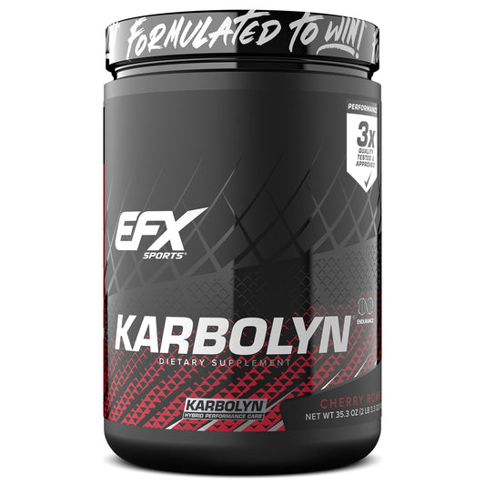 EFX Sports Karbolyn Fuel Cherry Bomb bottle front shows a clear nutrition label for quick fueling.