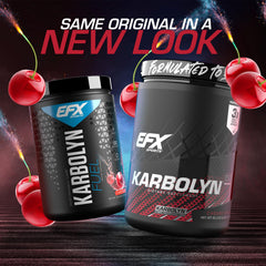 EFX Sports Karbolyn Fuel Cherry Bomb label closeup highlights a sugar-free formula and vegan-friendly carbs.