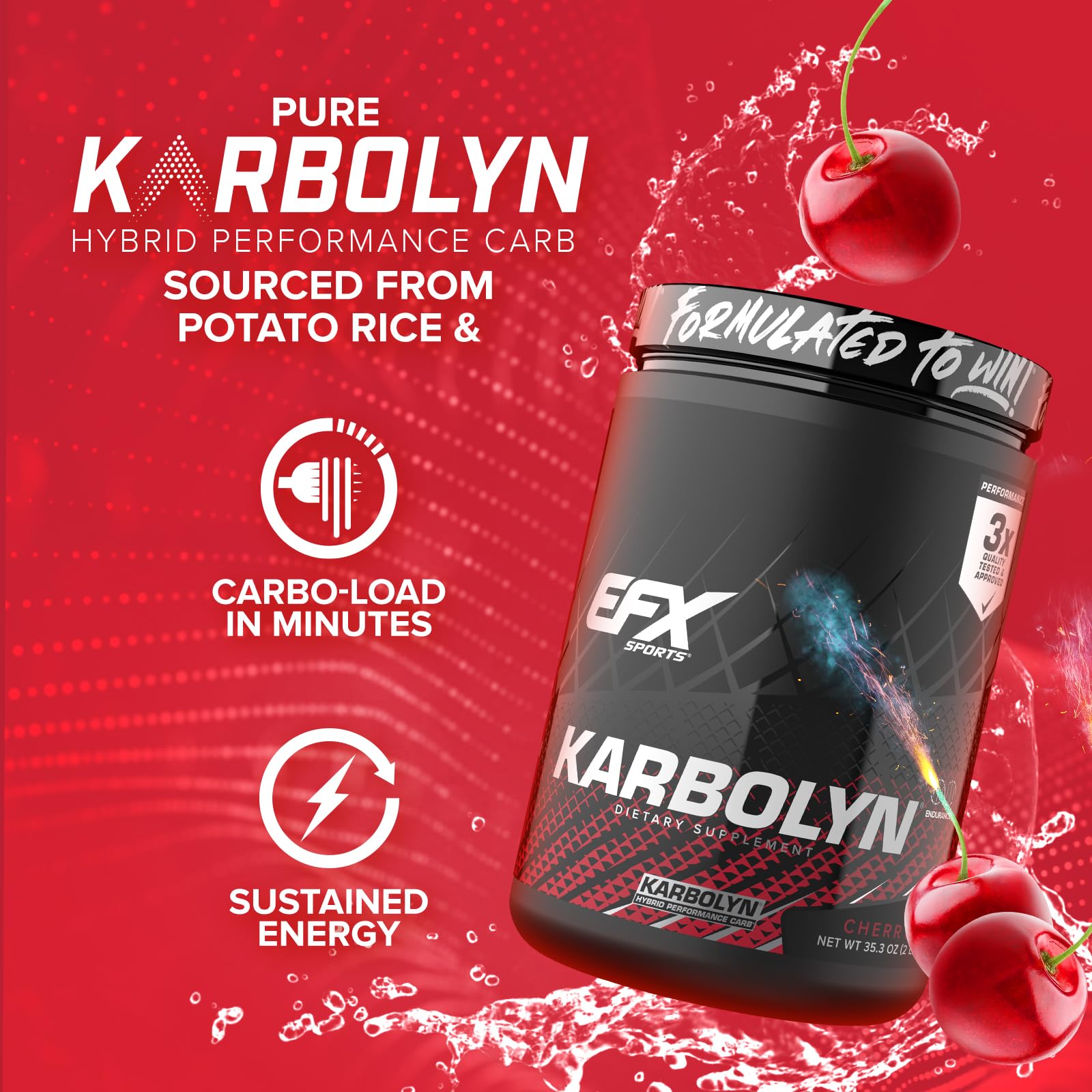 Karbolyn powder-dispensing image emphasizes fast-acting, non-bloating carbohydrates for steady energy.