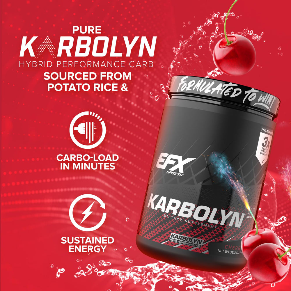 Karbolyn powder-dispensing image emphasizes fast-acting, non-bloating carbohydrates for steady energy.