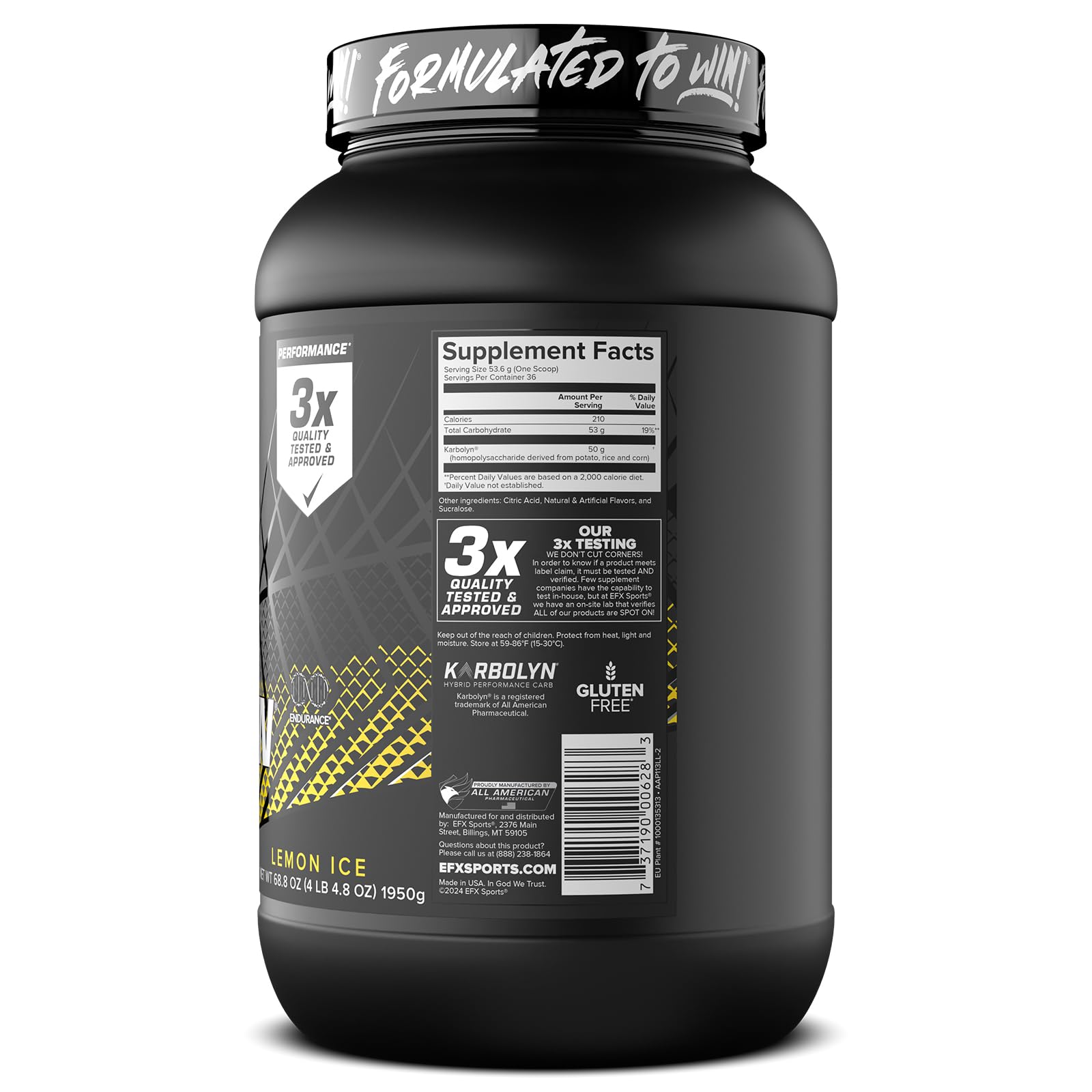 36 servings per container on Karbolyn Fuel packaging.