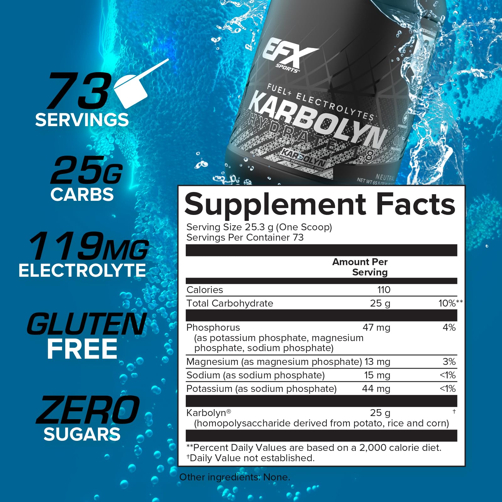 Close-up of Karbolyn Hydrate tub label highlighting servings and features