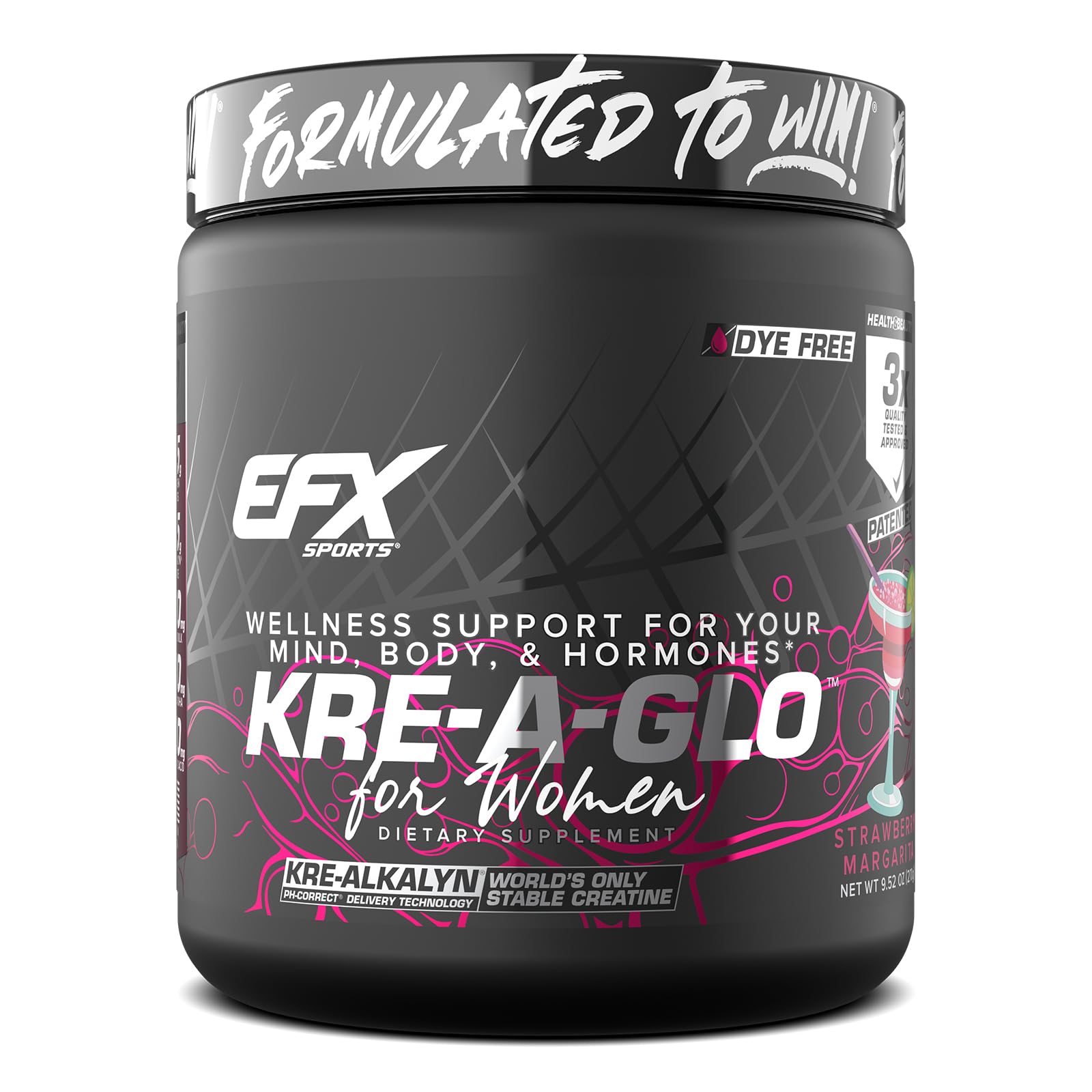 EFX Kre-A-Glo Kre-Alkalyn Creatine bottle front for workout-ready strawberry margarita flavor