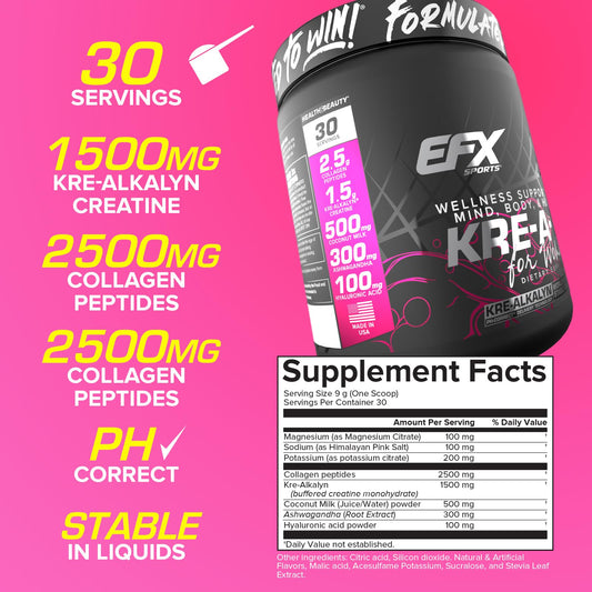 EFX Kre-A-Glo ingredients panel highlighting collagen and hyaluronic acid for joint and skin support