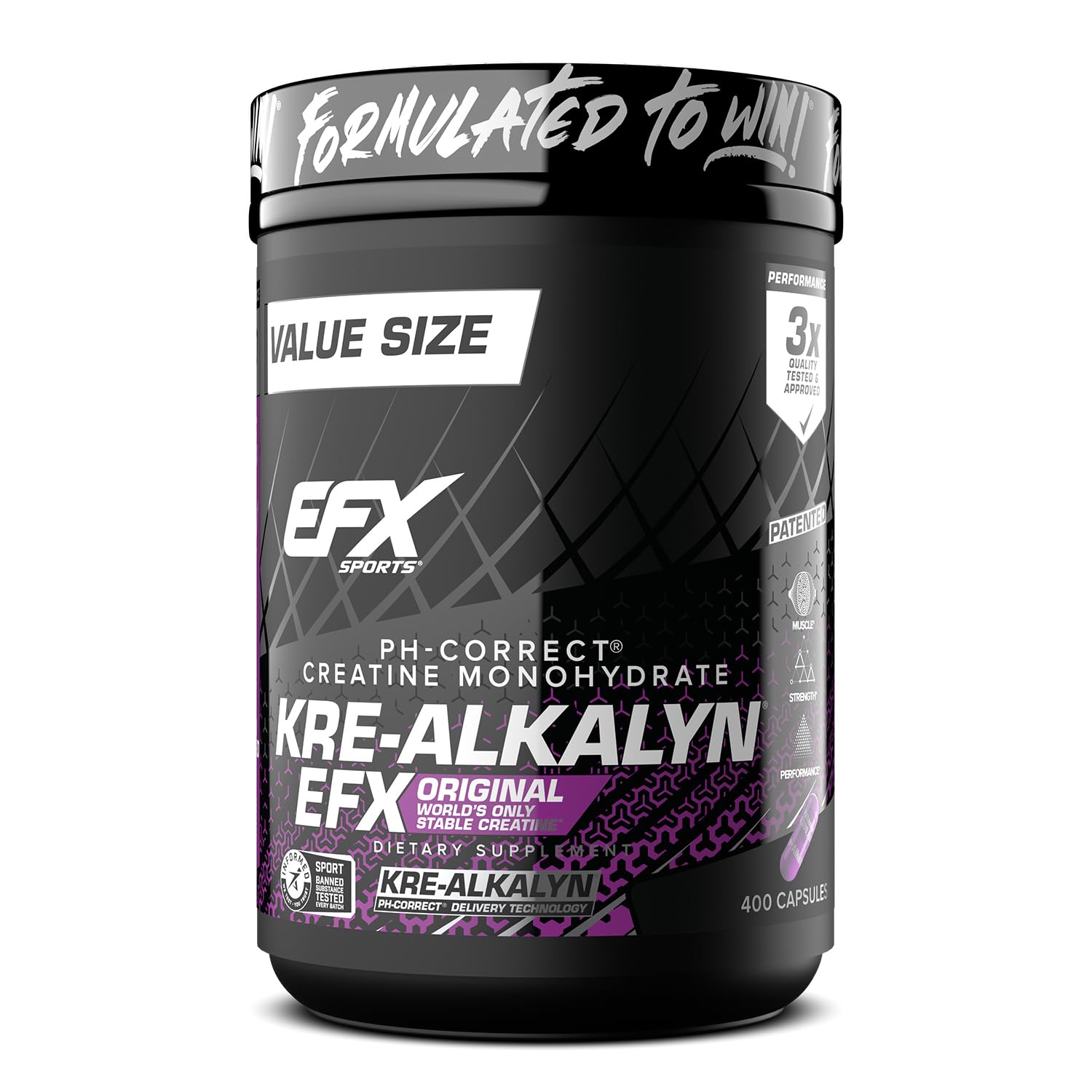 EFX Kre-Alkalyn EFX bottle front label highlights pH-correct creatine for clean workouts.