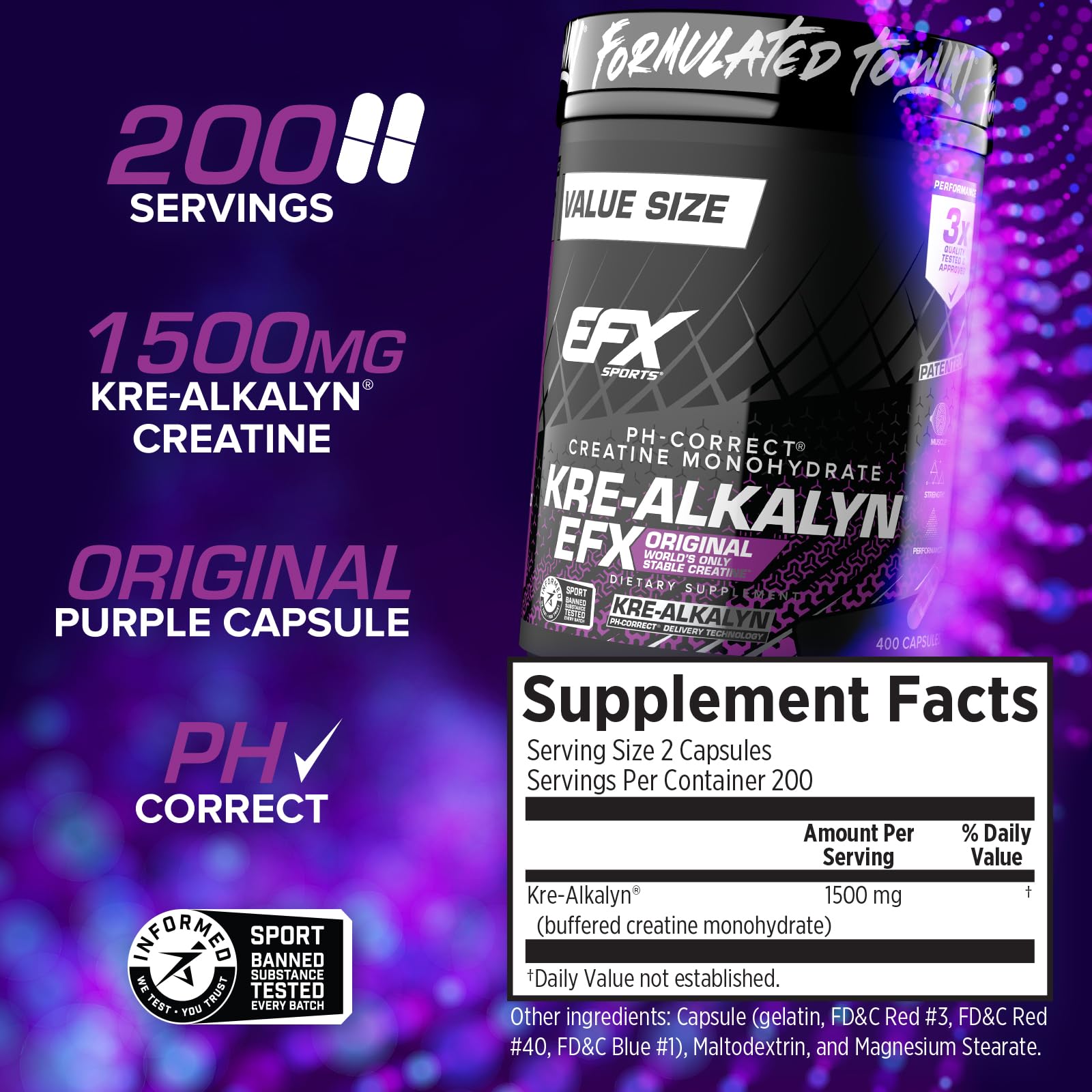 EFX Kre-Alkalyn EFX bottle side label showing product details and stability benefits.