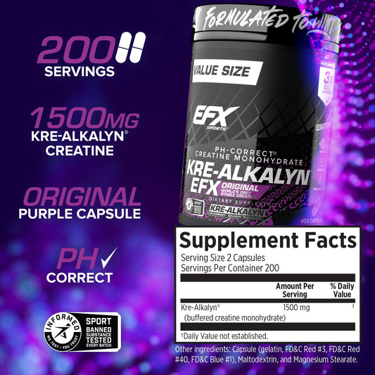 EFX Kre-Alkalyn EFX bottle side label showing product details and stability benefits.