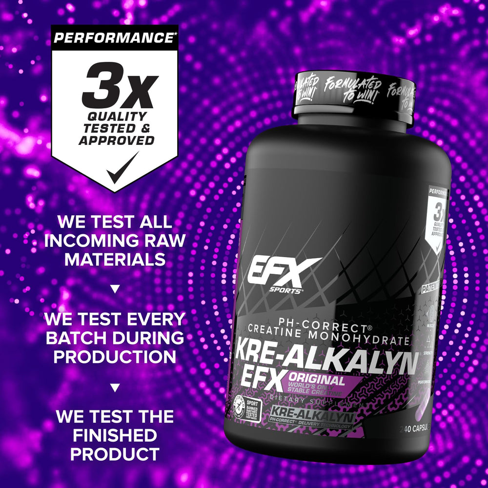 Close-up of Kre-Alkalyn EFX capsules highlighting creatine monohydrate.