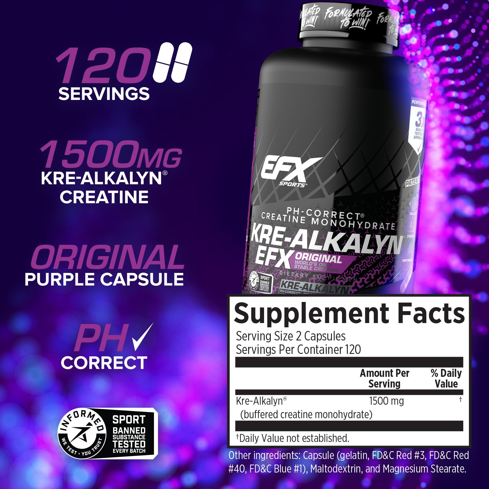 EFX Kre-Alkalyn EFX label shows pH-stable creatine details.