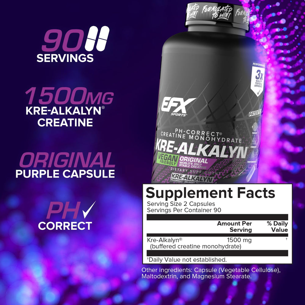 Kre-Alkalyn EFX packaging front emphasizing vegan-friendly formula.